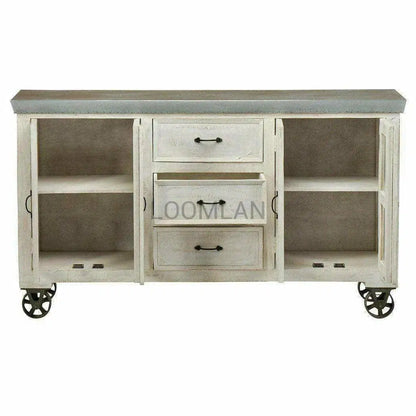 72" Distressed White 3 Drawer Galvanized Top Wheeled Sideboard Sideboards LOOMLAN By LOOMLAN