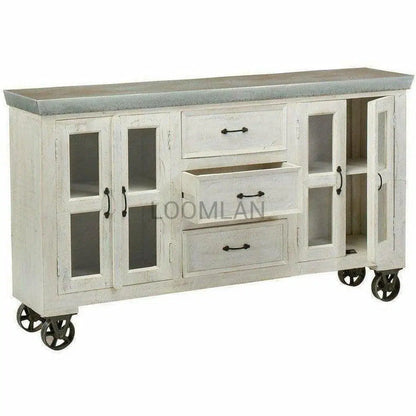 72" Distressed White 3 Drawer Galvanized Top Wheeled Sideboard Sideboards LOOMLAN By LOOMLAN