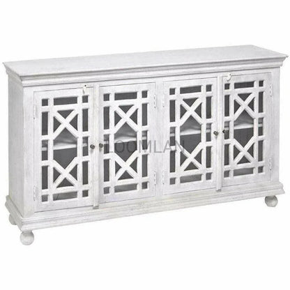 72" Distressed White Glass Trellis Doors Sideboard Cabinet Sideboards LOOMLAN By LOOMLAN