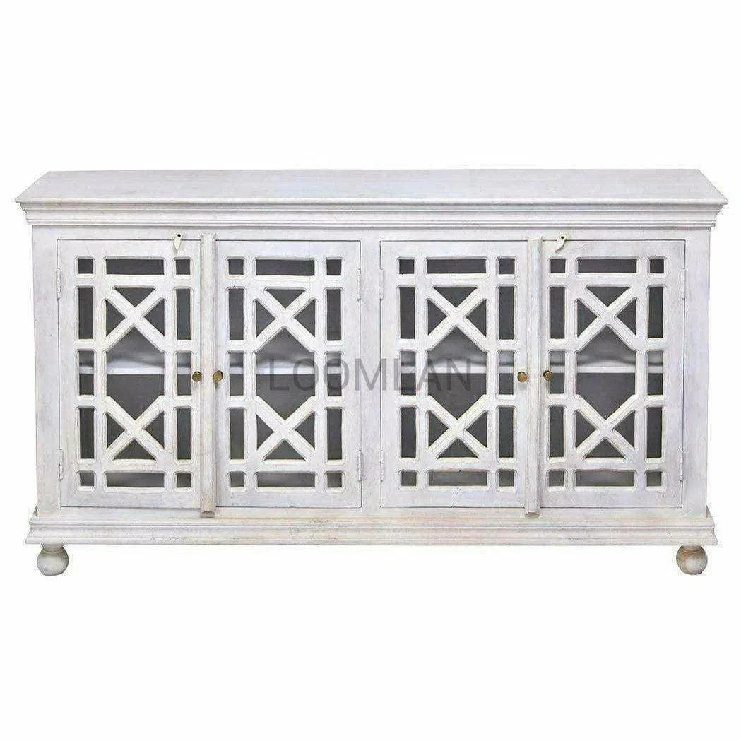 72" Distressed White Glass Trellis Doors Sideboard Cabinet Sideboards LOOMLAN By LOOMLAN