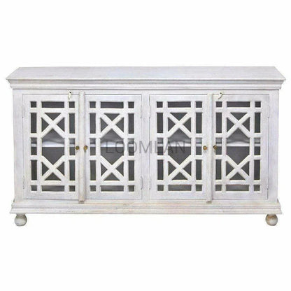 72" Distressed White Glass Trellis Doors Sideboard Cabinet Sideboards LOOMLAN By LOOMLAN