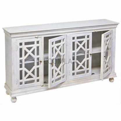 72" Distressed White Glass Trellis Doors Sideboard Cabinet Sideboards LOOMLAN By LOOMLAN