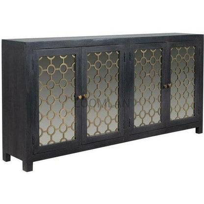 80" Antiqued Black 4 Glass Doors Honeycomb Sideboard Sideboards LOOMLAN By LOOMLAN