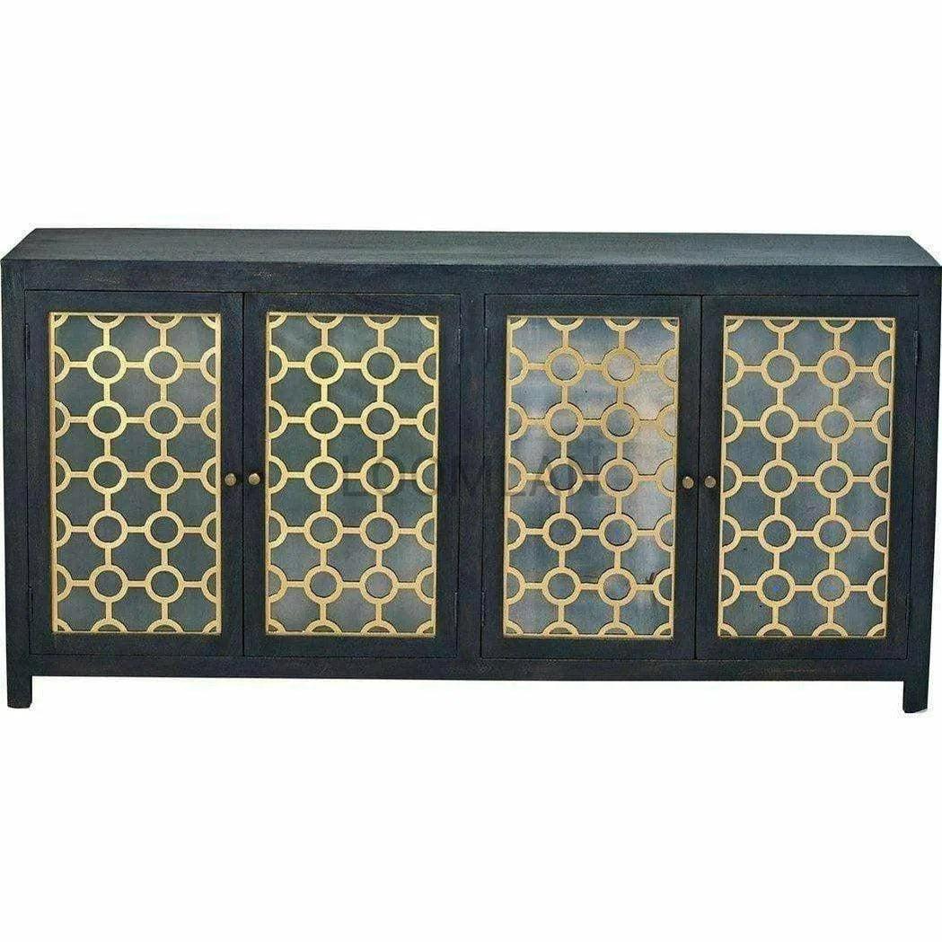 80" Antiqued Black 4 Glass Doors Honeycomb Sideboard Sideboards LOOMLAN By LOOMLAN