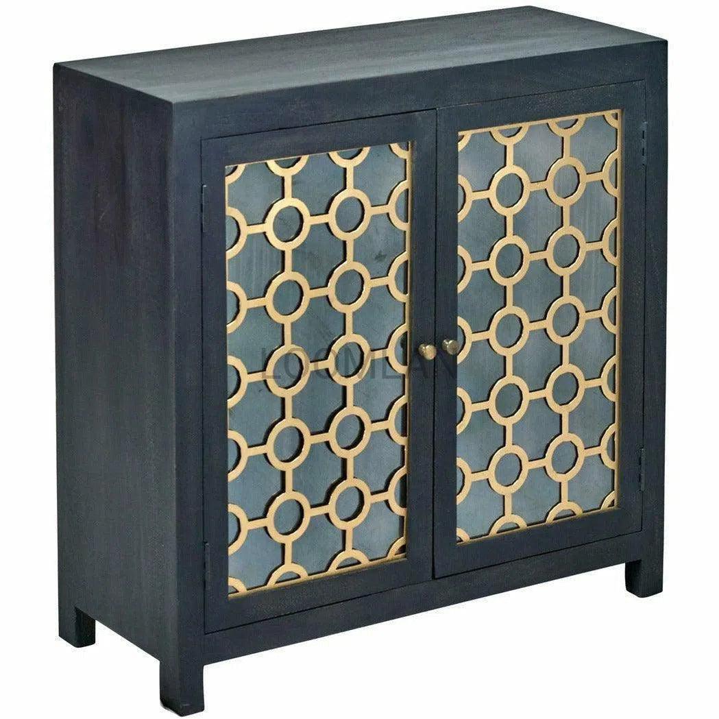 80" Antiqued Black 4 Glass Doors Honeycomb Sideboard Sideboards LOOMLAN By LOOMLAN