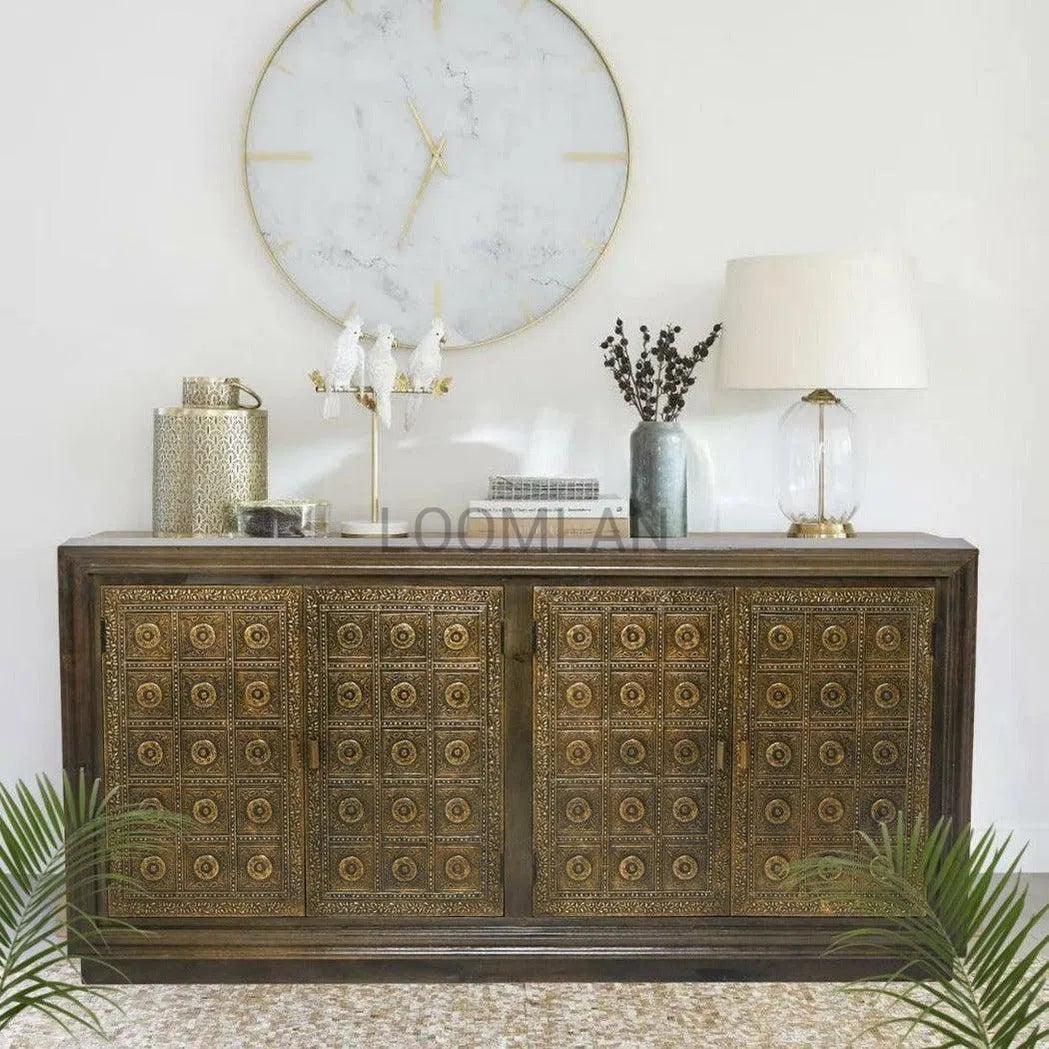 LOOMLAN Slim Circle 4 Brass Doors Wood Base Sideboard