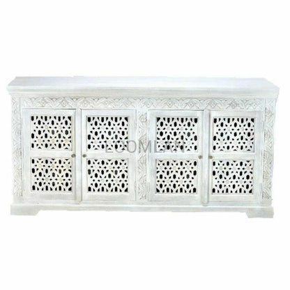 80" White Wash Bohemian Lace 4 Door Sideboard Buffet Sideboards LOOMLAN By LOOMLAN