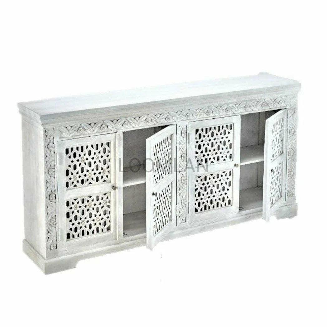 80" White Wash Bohemian Lace 4 Door Sideboard Buffet Sideboards LOOMLAN By LOOMLAN