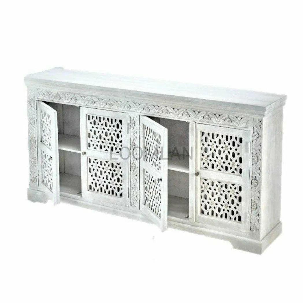 80" White Wash Bohemian Lace 4 Door Sideboard Buffet Sideboards LOOMLAN By LOOMLAN