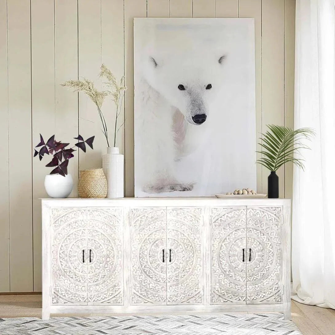 94" Jumbo Extra Large White Carved Sideboard Boho Chic Sideboards LOOMLAN By LOOMLAN