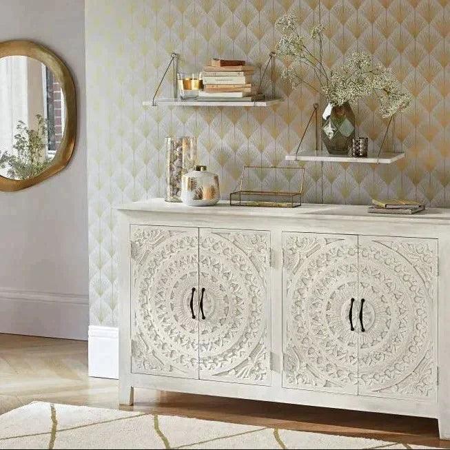 94" Jumbo Extra Large White Carved Sideboard Boho Chic Sideboards LOOMLAN By LOOMLAN