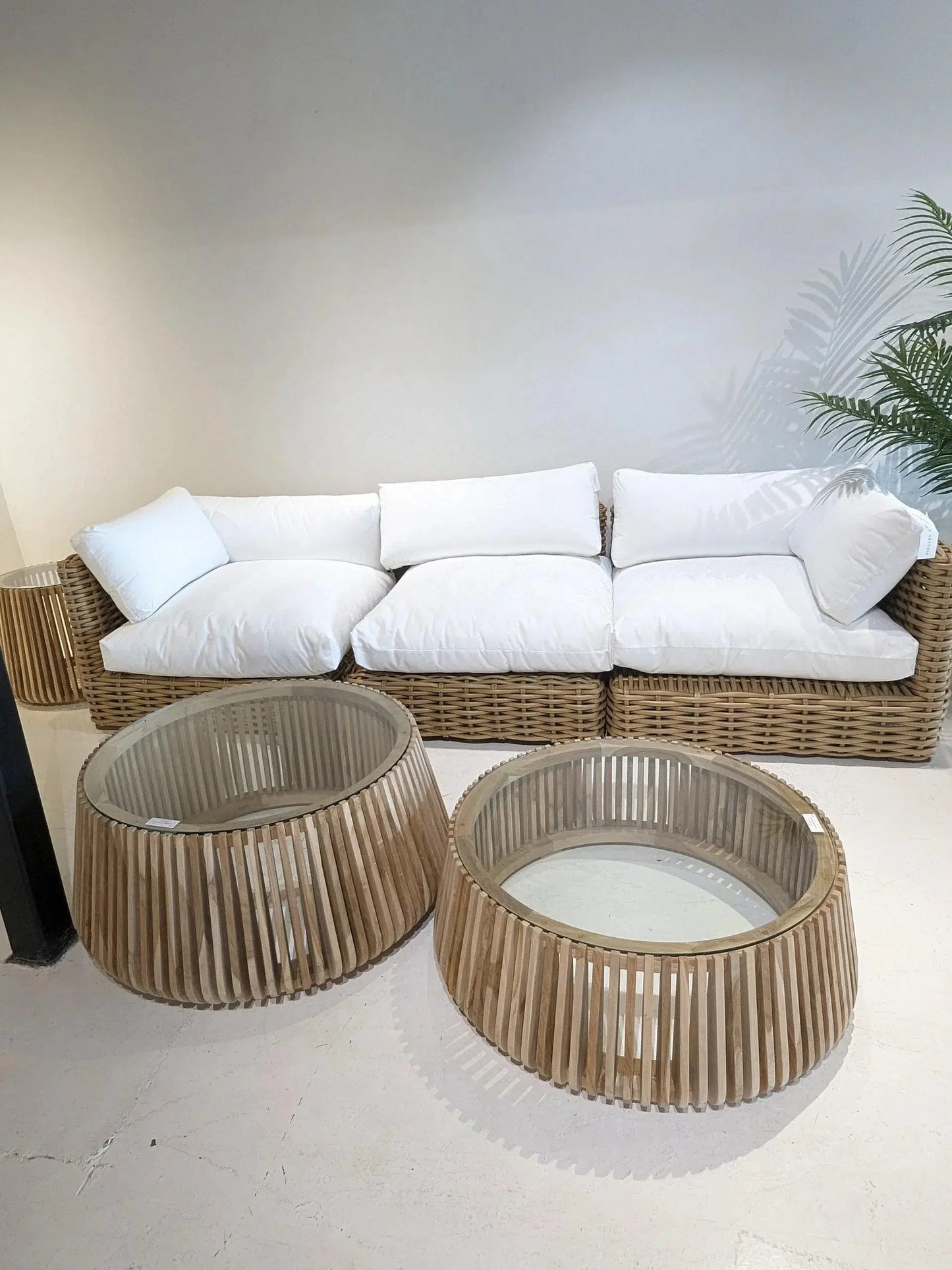 Alder Teak Round Coffee Table Glass Top for Indoor or Outdoor Coffee Tables LOOMLAN By Artesia