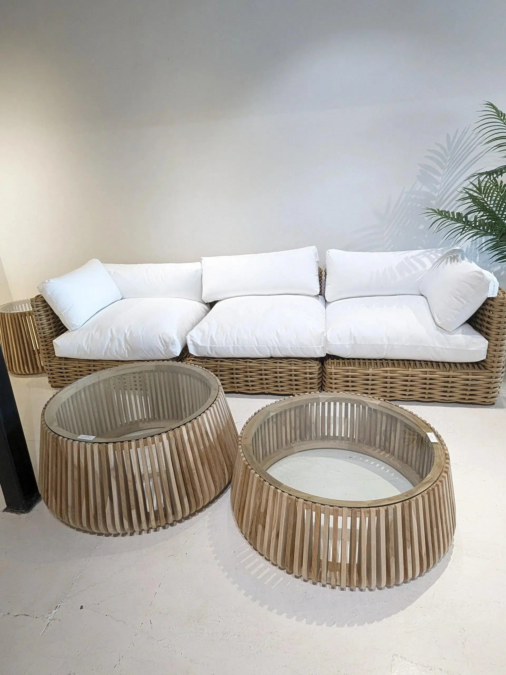 Alder Teak Round Coffee Table Glass Top for Indoor or Outdoor Coffee Tables LOOMLAN By Artesia