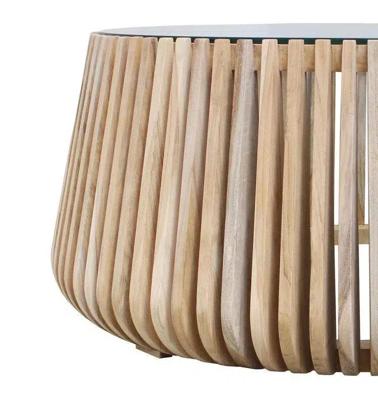 Alder Teak Round Coffee Table Glass Top for Indoor or Outdoor Coffee Tables LOOMLAN By Artesia