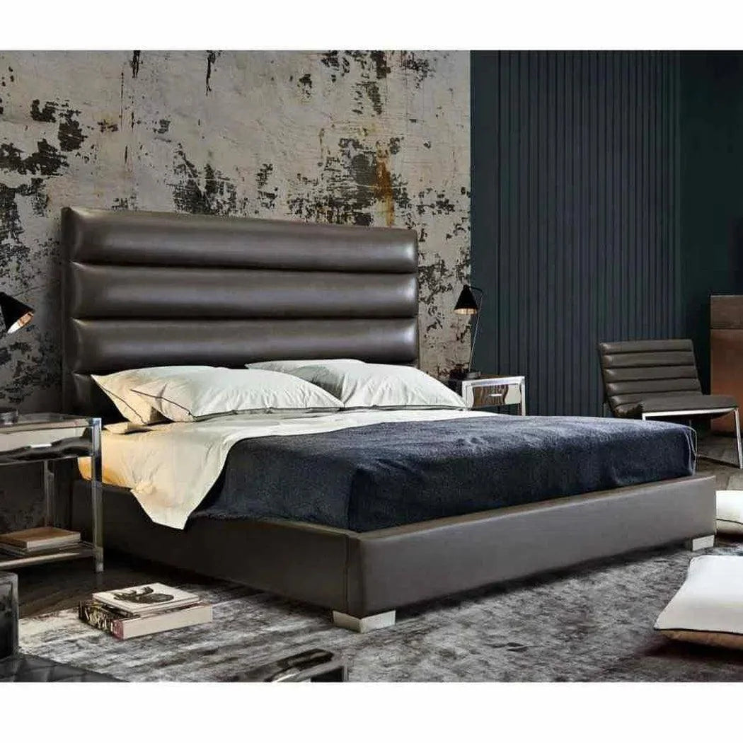 Channel Tufted Dark Grey Leather Bed Frame