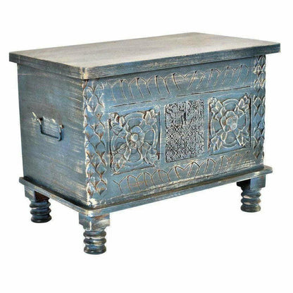 Distressed Blue Hand Carved Box Storage Trunk Trunks LOOMLAN By LOOMLAN