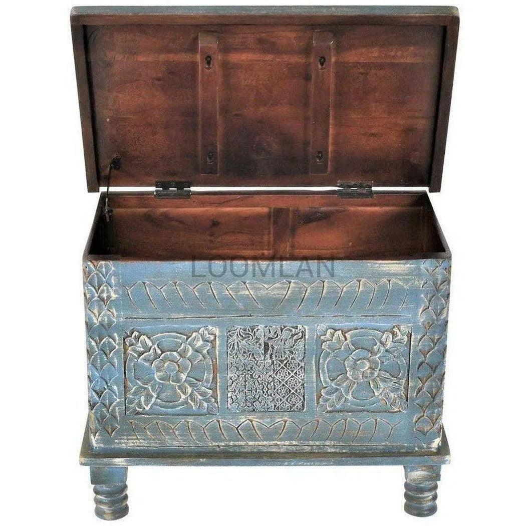 Distressed Blue Hand Carved Box Storage Trunk Trunks LOOMLAN By LOOMLAN