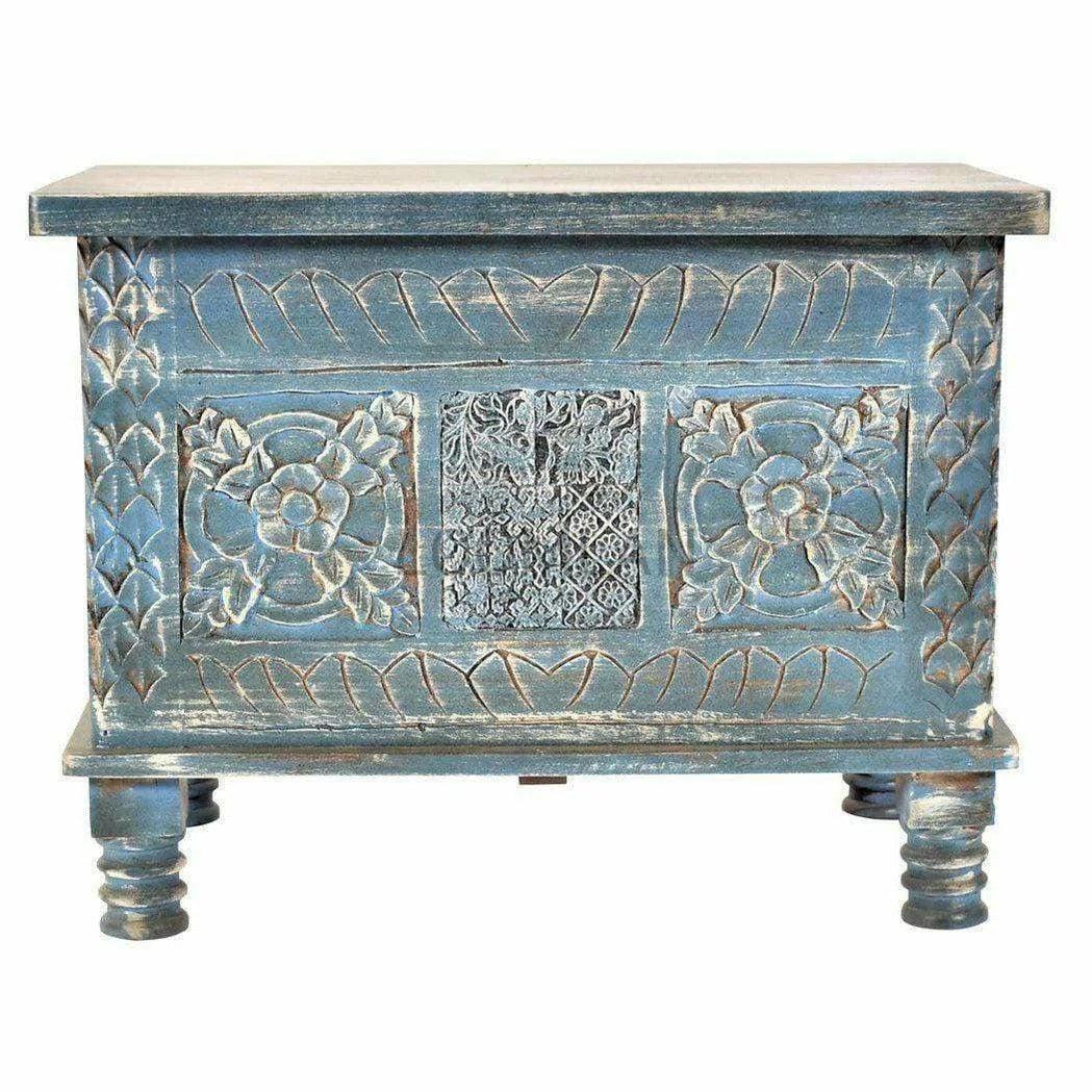 Distressed Blue Hand Carved Box Storage Trunk Trunks LOOMLAN By LOOMLAN