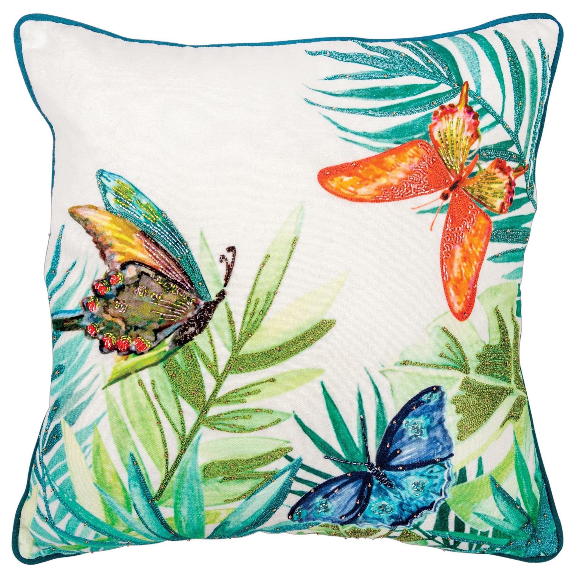 Gina Beaded Butterflies Coastal Throw Pillow With Down Insert Throw Pillows LOOMLAN By LOOMLAN