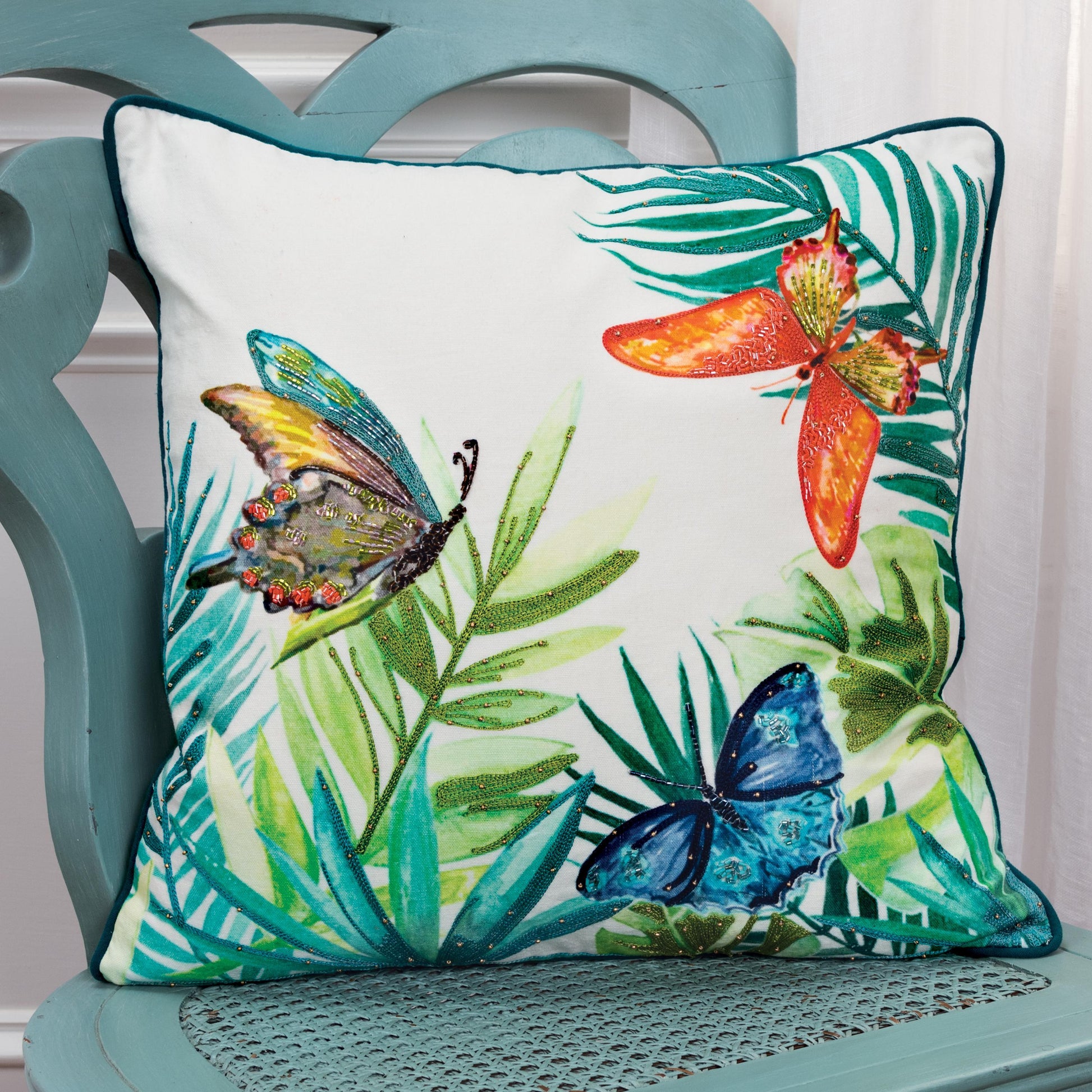 Gina Beaded Butterflies Coastal Throw Pillow With Down Insert Throw Pillows LOOMLAN By LOOMLAN