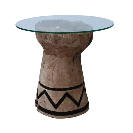 Tabari Glass Topped Wooden Round End Table