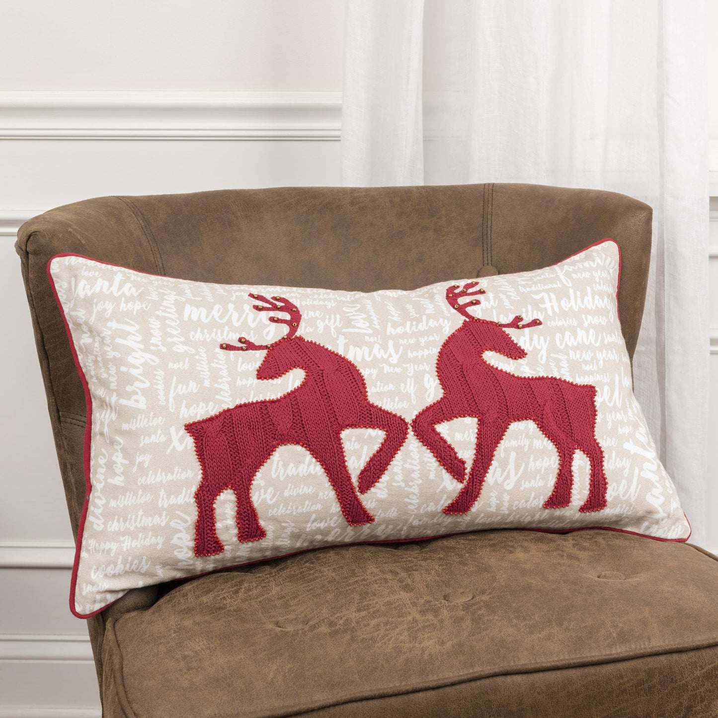 White Christmas Deer Red Lumbar Pillow With Insert Throw Pillows LOOMLAN By LOOMLAN