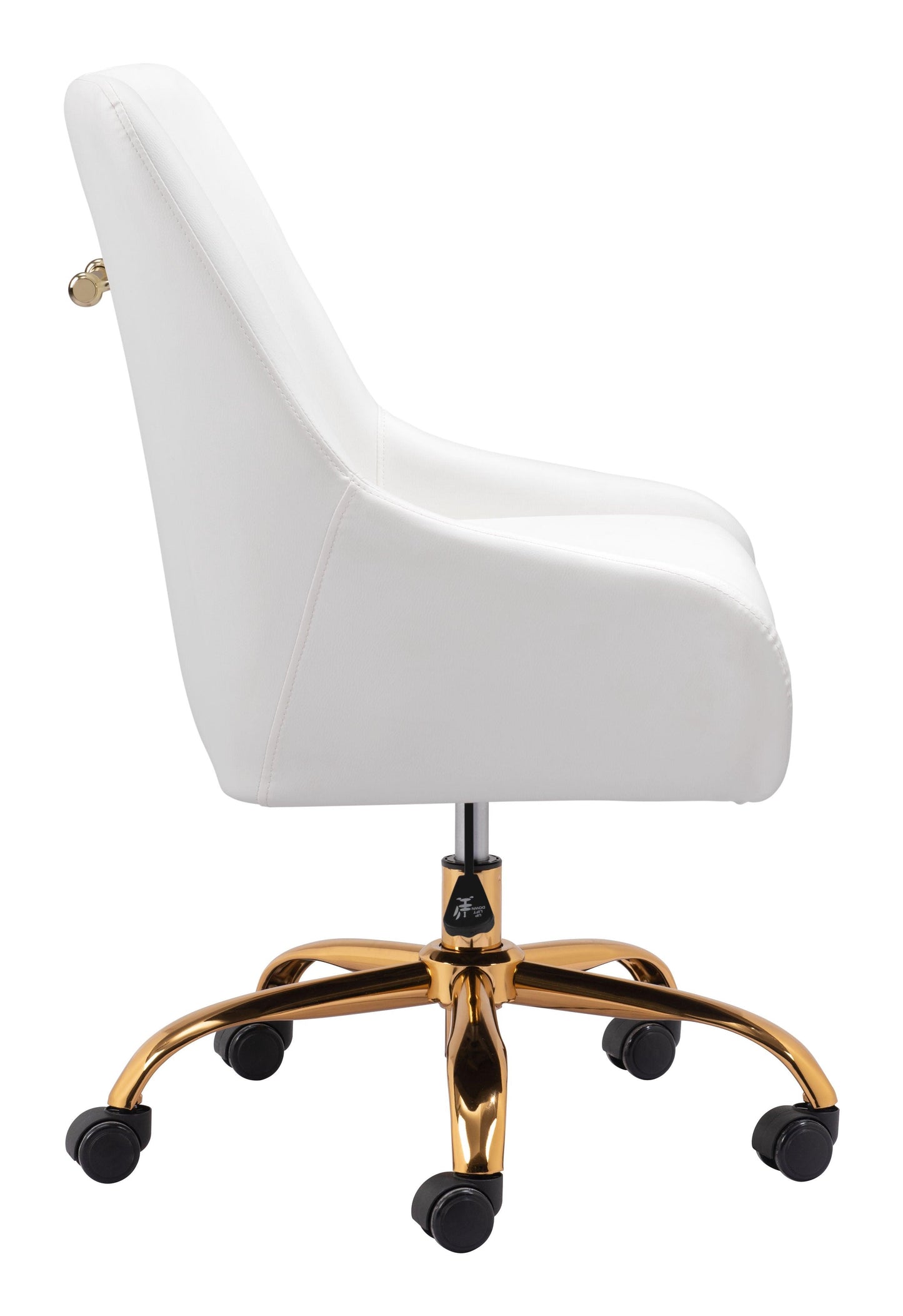 Madelaine Office Chair White - Sideboards and Things Accents_Gold, Brand_Zuo Modern, Color_Gold, Color_White, Depth_20-30, Features_Adjustable Height, Features_Swivel, Finish_Polished, Height_30-40, Materials_Metal, Materials_Upholstery, Materials_Wood, Metal Type_Steel, Upholstery Type_Leather, Upholstery Type_Vegan Leather, Width_20-30, Wood Species_Plywood