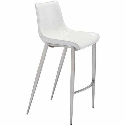 Magnus Bar Chair (Set of 2) White & Silver - Sideboards and Things Back Type_Full Back, Back Type_With Back, Brand_Zuo Modern, Color_Silver, Color_White, Depth_20-30, Finish_Brushed, Height_40-50, Materials_Metal, Materials_Upholstery, Metal Type_Steel, Number of Pieces_2PC Set, Product Type_Bar Height, Shape_Armless, Upholstery Type_Leather, Upholstery Type_Vegan Leather, Width_20-30