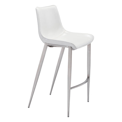 Magnus Bar Chair (Set of 2) White & Silver - Sideboards and Things Back Type_Full Back, Back Type_With Back, Brand_Zuo Modern, Color_Silver, Color_White, Depth_20-30, Finish_Brushed, Height_40-50, Materials_Metal, Materials_Upholstery, Metal Type_Steel, Number of Pieces_2PC Set, Product Type_Bar Height, Shape_Armless, Upholstery Type_Leather, Upholstery Type_Vegan Leather, Width_20-30