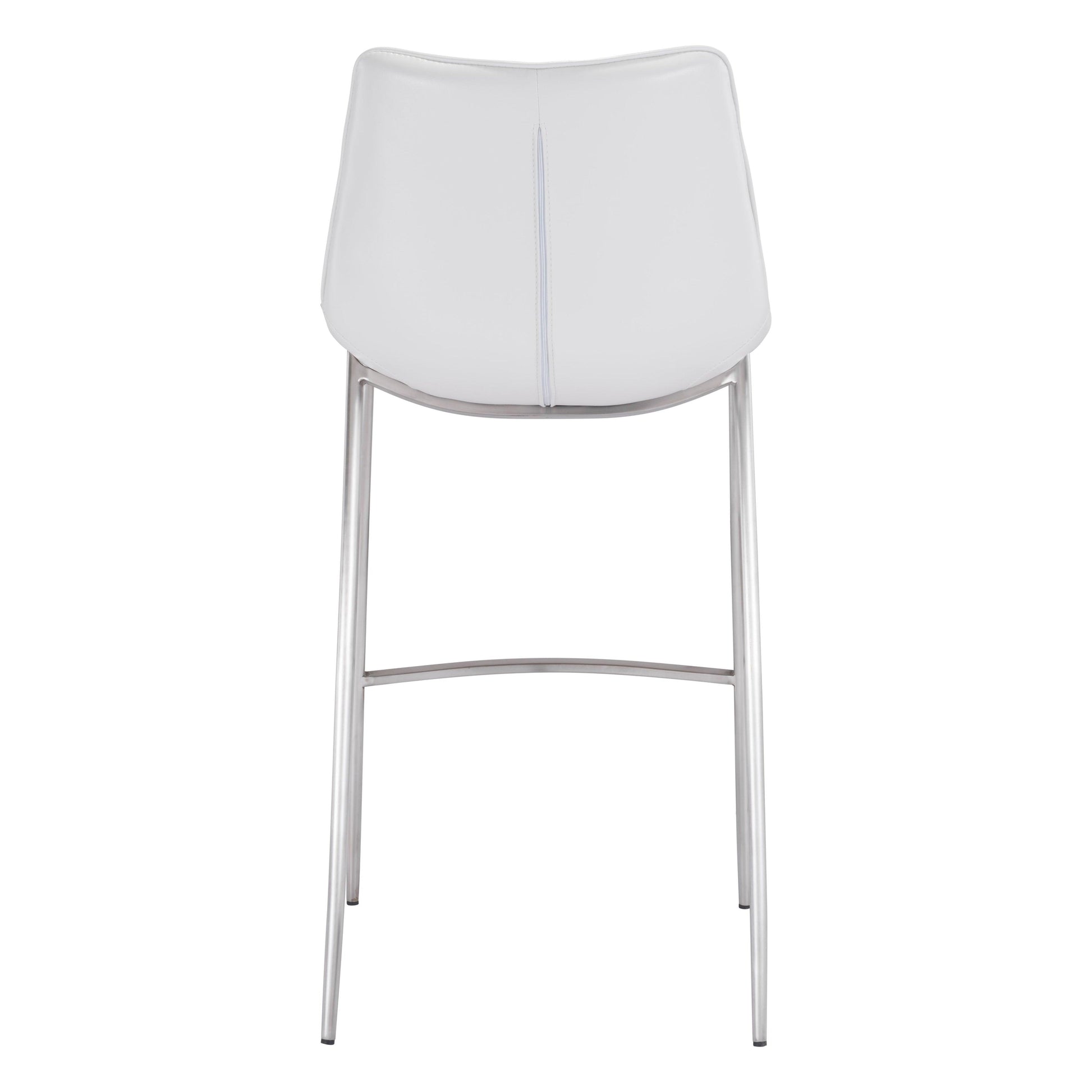 Magnus Bar Chair (Set of 2) White & Silver - Sideboards and Things Back Type_Full Back, Back Type_With Back, Brand_Zuo Modern, Color_Silver, Color_White, Depth_20-30, Finish_Brushed, Height_40-50, Materials_Metal, Materials_Upholstery, Metal Type_Steel, Number of Pieces_2PC Set, Product Type_Bar Height, Shape_Armless, Upholstery Type_Leather, Upholstery Type_Vegan Leather, Width_20-30