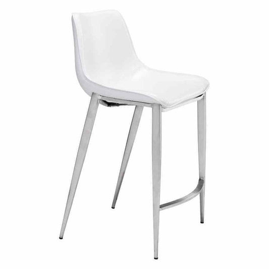 Magnus Counter Chair (Set of 2) White & Silver - Sideboards and Things Back Type_Full Back, Back Type_With Back, Brand_Zuo Modern, Color_Silver, Color_White, Depth_20-30, Finish_Brushed, Height_30-40, Materials_Metal, Materials_Upholstery, Metal Type_Steel, Number of Pieces_2PC Set, Product Type_Counter Height, Shape_Armless, Upholstery Type_Leather, Upholstery Type_Vegan Leather, Width_20-30