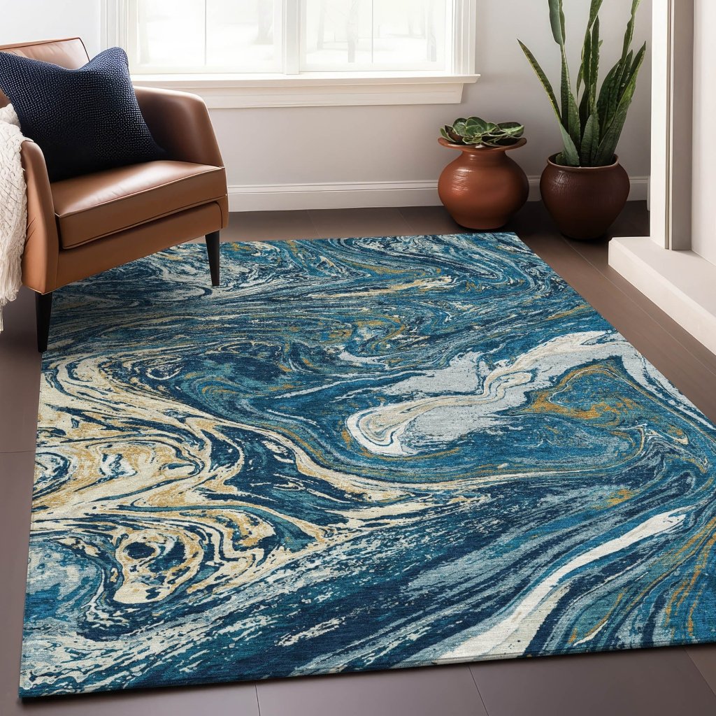 LOOMLAN Rugs Malika Navy Washable Indoor-Outdoor Rug