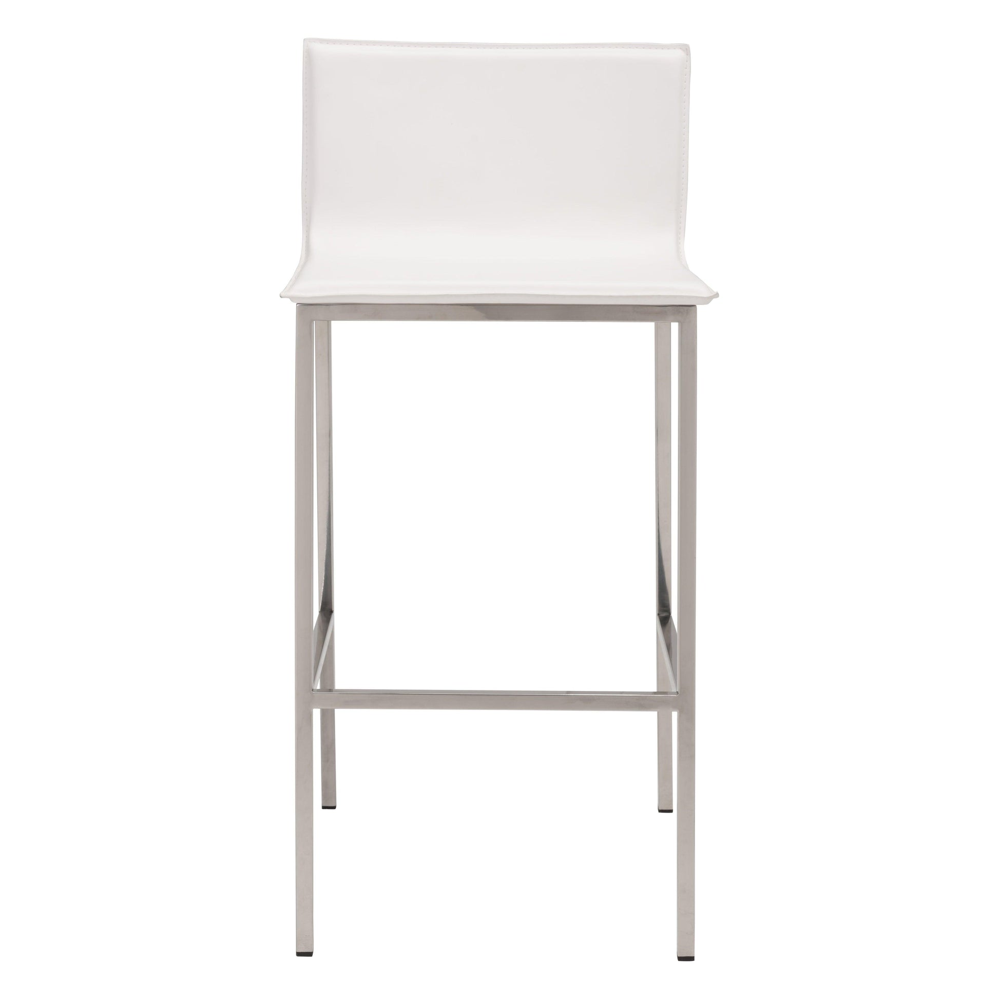 Marina Barstool (Set of 2) White - Sideboards and Things Back Type_With Back, Brand_Zuo Modern, Color_Silver, Color_White, Depth_20-30, Height_30-40, Materials_Metal, Materials_Upholstery, Metal Type_Steel, Number of Pieces_2PC Set, Product Type_Bar Height, Upholstery Type_Leather, Upholstery Type_Vegan Leather, Width_10-20