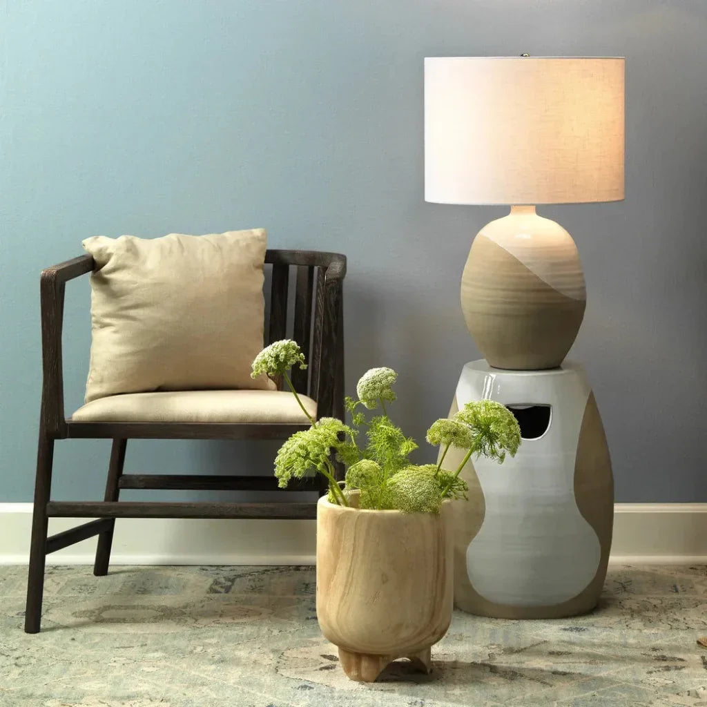 Mid - Century Driftwood & Beige Linen Grayson Arm Chair - LOOMLAN - Jamie Young - Dining Chairs