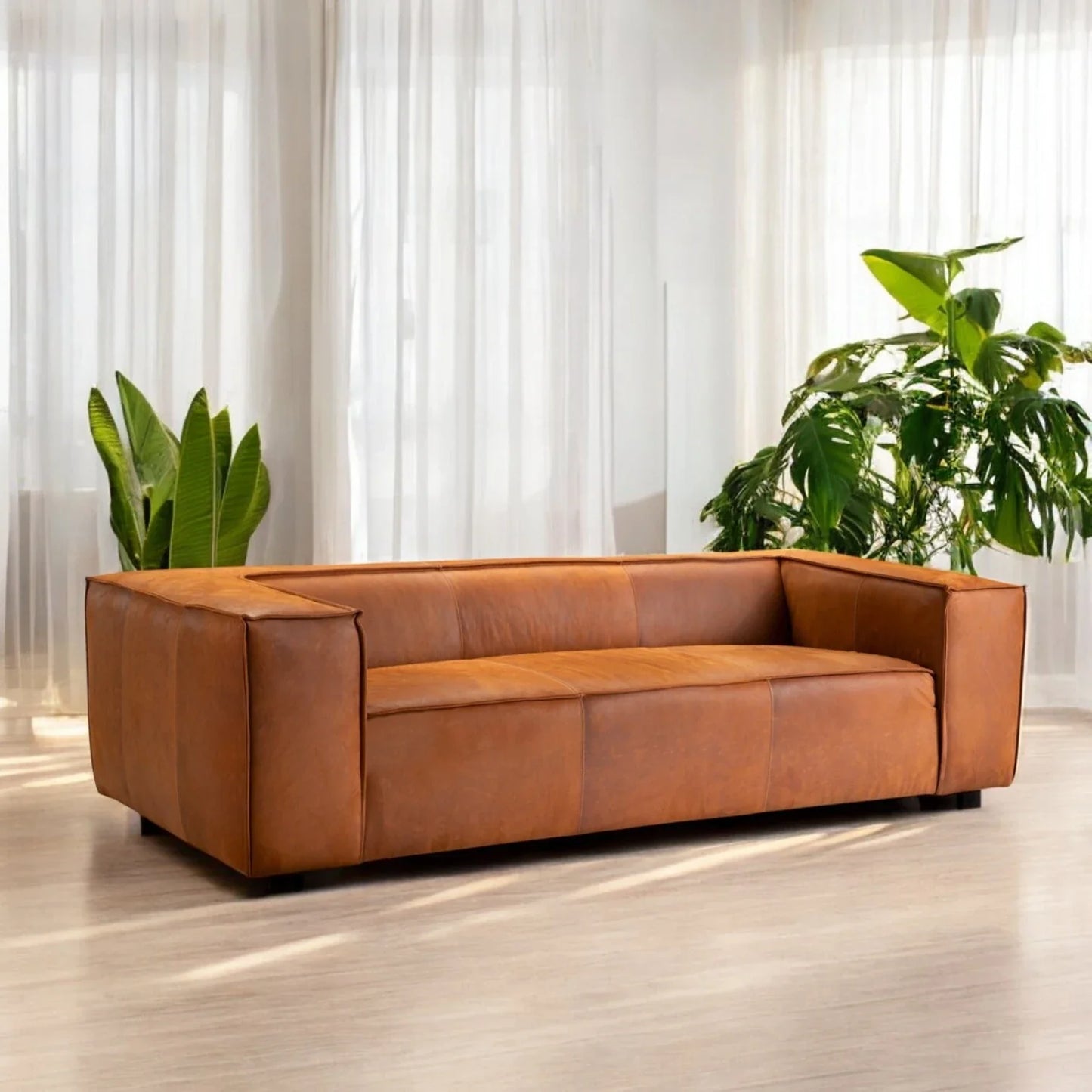 Contemporary Leather Club Sofa 100" Wide