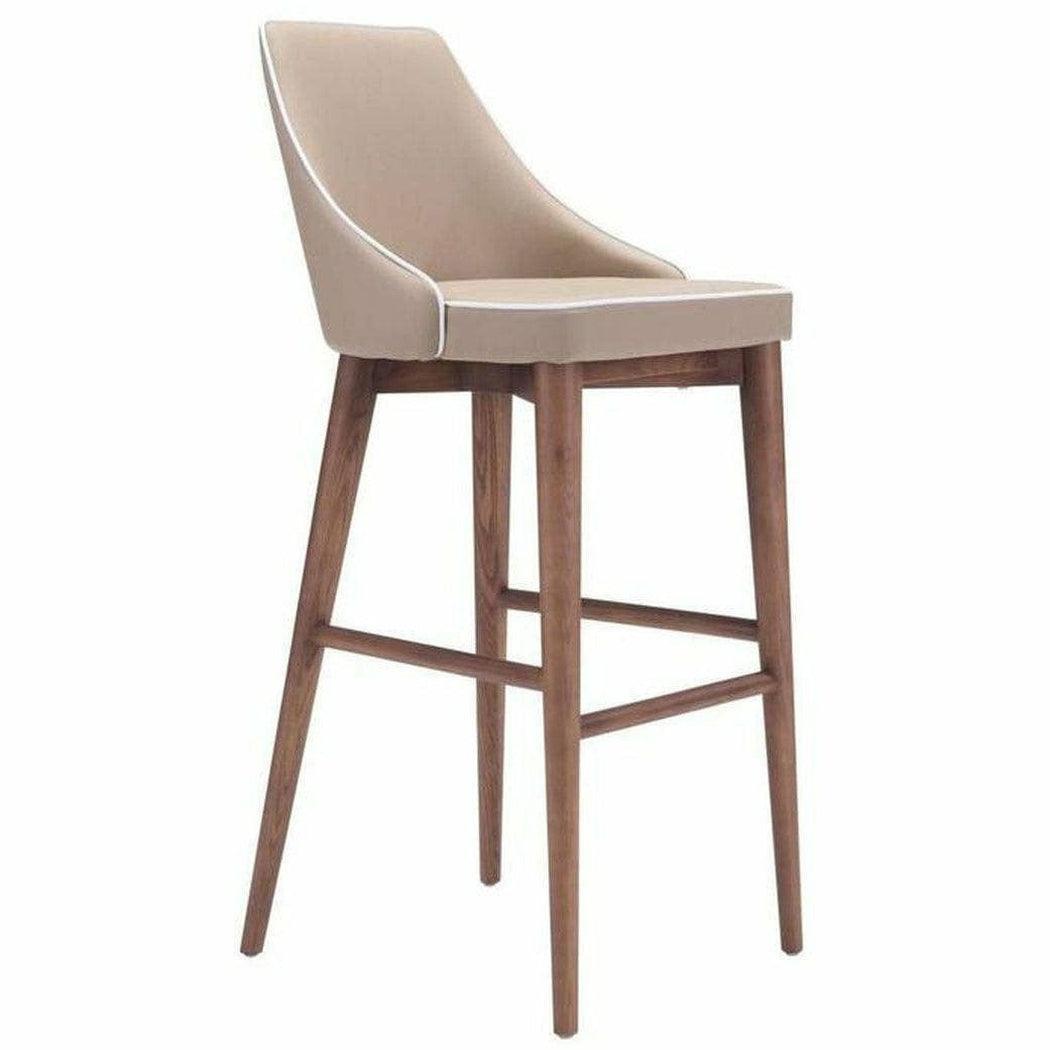 Moor Bar Chair Beige - Sideboards and Things Back Type_With Back, Brand_Zuo Modern, Color_Beige, Color_Brown, Depth_10-20, Height_40-50, Materials_Upholstery, Materials_Wood, Product Type_Bar Height, Upholstery Type_Leather, Upholstery Type_Vegan Leather, Width_10-20, Wood Species_Birch, Wood Species_Plywood