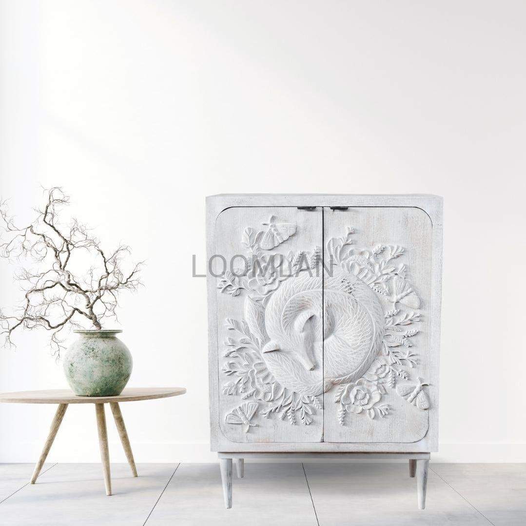 Mother Nature 50x36" Tall Cabinet Hand Carved Sleeping Fox - Sideboards and Things Brand_LOOMLAN Home, Color_White, Features_Handmade, Features_Handmade/Handcarved, Features_Repurposed Materials, Finish_Whitewashed, Game Room, Height_50-60, Legs Material_Wood, Materials_Wood, Shelf Material_Wood, Width_30-40, Wood Species_Mango