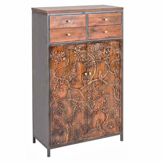 Mother Nature 59x36" Tall Cabinet Hand Carved Birds Front Doors - Sideboards and Things Brand_LOOMLAN Home, Color_Brown, Features_Handmade, Features_Handmade/Handcarved, Features_Repurposed Materials, Features_With Drawers, Finish_Natural, Game Room, Height_50-60, Legs Material_Metal, Materials_Metal, Materials_Wood, Metal Type_Iron, Shelf Material_Metal, Width_30-40, Wood Species_Mango