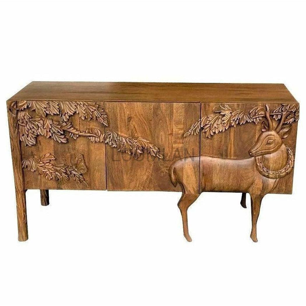 Mother Nature 60" Sideboard Hand Carved Deer Front Doors - Sideboards and Things Brand_LOOMLAN Home, Color_Natural, Features_Carved Doors, Features_Handmade, Features_Handmade/Handcarved, Features_Repurposed Materials, Game Room, Height_30-40, Legs Material_Wood, Materials_Wood, Shelf Material_Wood, Width_50-60, Wood Species_Mango