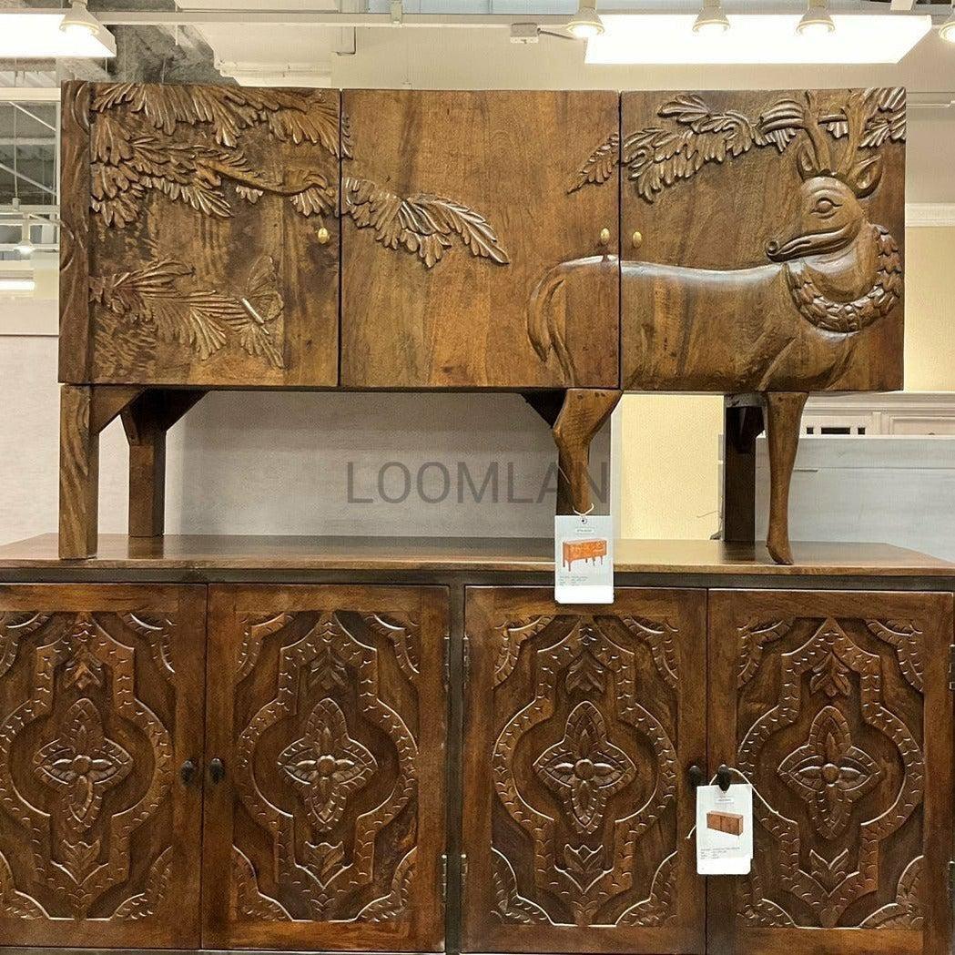 Mother Nature 60" Sideboard Hand Carved Deer Front Doors - Sideboards and Things Brand_LOOMLAN Home, Color_Natural, Features_Carved Doors, Features_Handmade, Features_Handmade/Handcarved, Features_Repurposed Materials, Game Room, Height_30-40, Legs Material_Wood, Materials_Wood, Shelf Material_Wood, Width_50-60, Wood Species_Mango