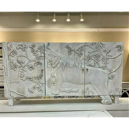 Mother Nature 60" White Sideboard Hand Carved Tiger Front Doors - Sideboards and Things Brand_LOOMLAN Home, Color_White, Features_Handmade, Features_Handmade/Handcarved, Features_Repurposed Materials, Finish_Distressed, Finish_Whitewashed, Game Room, Height_30-40, Legs Material_Wood, Materials_Wood, Shelf Material_Wood, Width_60-70, Wood Species_Mango