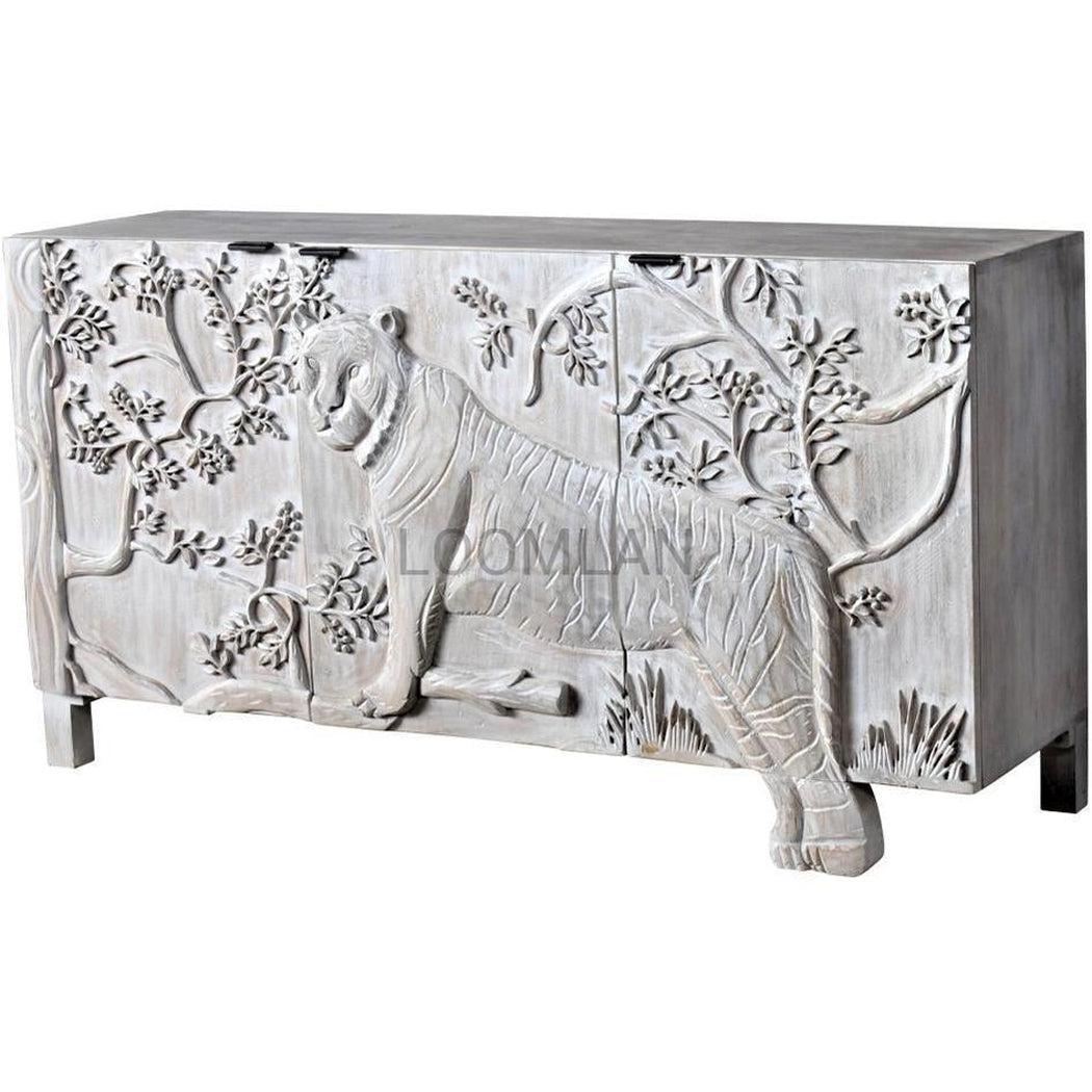 Mother Nature 60" White Sideboard Hand Carved Tiger Front Doors - Sideboards and Things Brand_LOOMLAN Home, Color_White, Features_Handmade, Features_Handmade/Handcarved, Features_Repurposed Materials, Finish_Distressed, Finish_Whitewashed, Game Room, Height_30-40, Legs Material_Wood, Materials_Wood, Shelf Material_Wood, Width_60-70, Wood Species_Mango