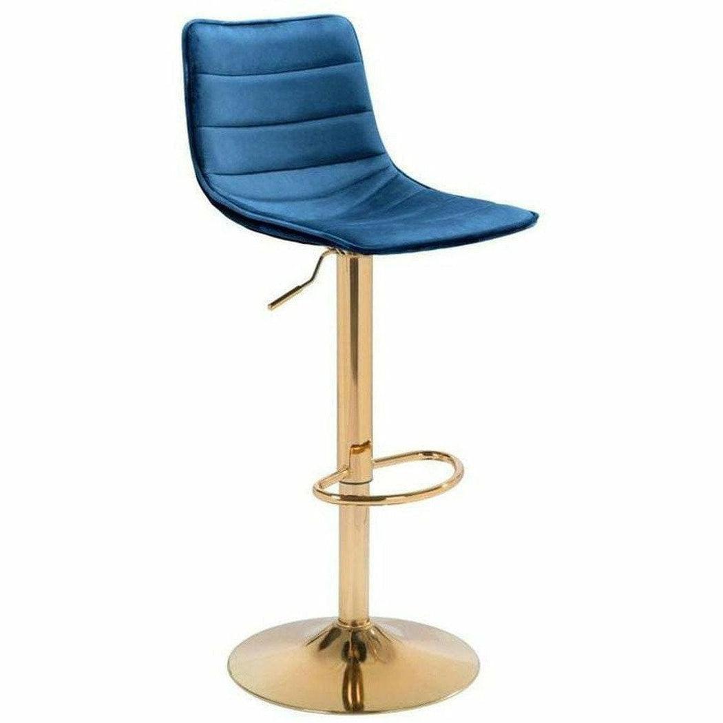 Prima Bar Chair Dark Blue & Gold - Sideboards and Things Accents_Gold, Back Type_With Back, Brand_Zuo Modern, Color_Blue, Color_Gold, Depth_10-20, Features_Adjustable Height, Finish_Polished, Height_30-40, Materials_Metal, Metal Type_Steel, Product Type_Bar Height, Upholstery Type_Fabric Blend, Upholstery Type_Polyester, Width_10-20