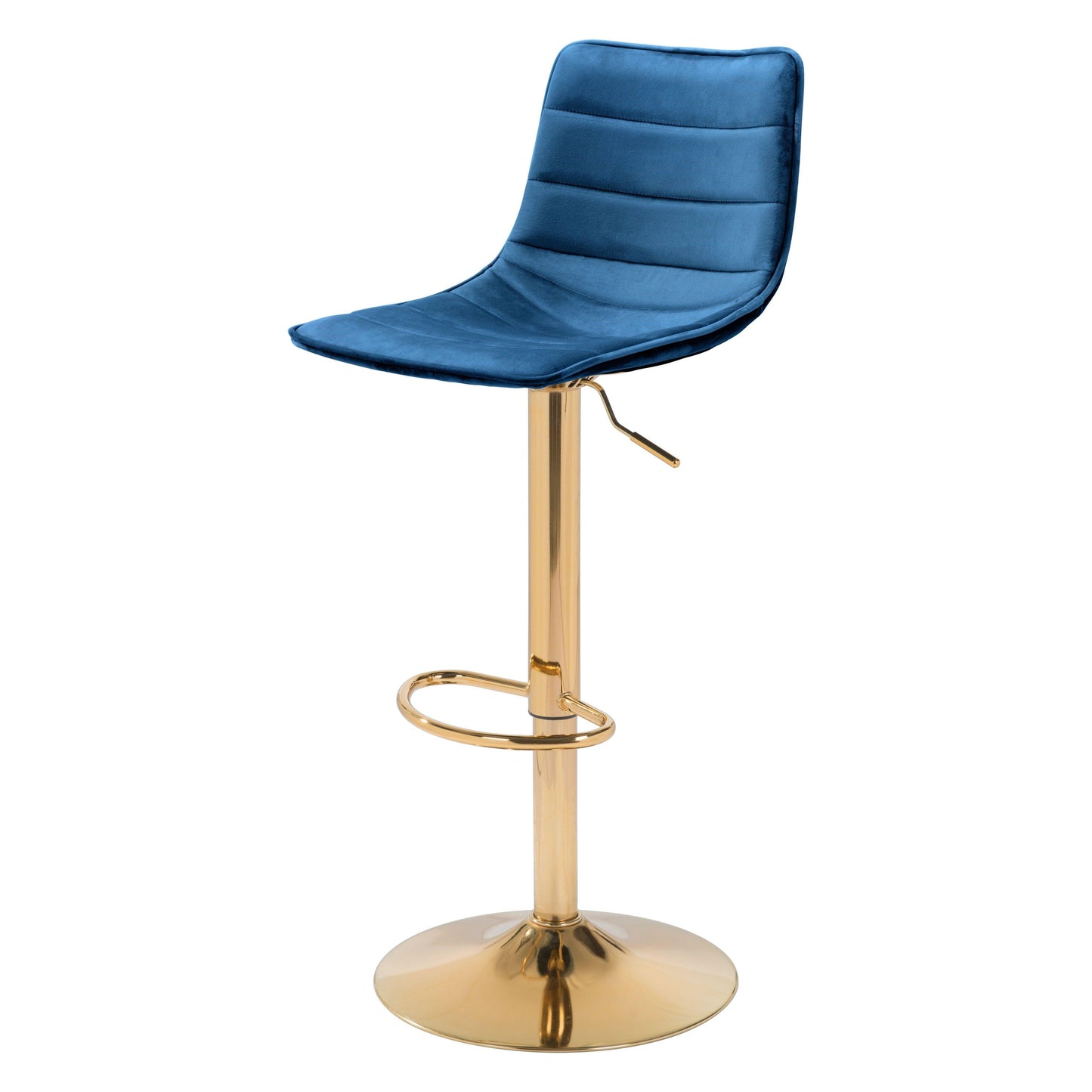 Prima Bar Chair Dark Blue & Gold - Sideboards and Things Accents_Gold, Back Type_With Back, Brand_Zuo Modern, Color_Blue, Color_Gold, Depth_10-20, Features_Adjustable Height, Finish_Polished, Height_30-40, Materials_Metal, Metal Type_Steel, Product Type_Bar Height, Upholstery Type_Fabric Blend, Upholstery Type_Polyester, Width_10-20