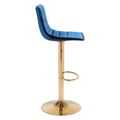 Prima Bar Chair Dark Blue & Gold - Sideboards and Things Accents_Gold, Back Type_With Back, Brand_Zuo Modern, Color_Blue, Color_Gold, Depth_10-20, Features_Adjustable Height, Finish_Polished, Height_30-40, Materials_Metal, Metal Type_Steel, Product Type_Bar Height, Upholstery Type_Fabric Blend, Upholstery Type_Polyester, Width_10-20