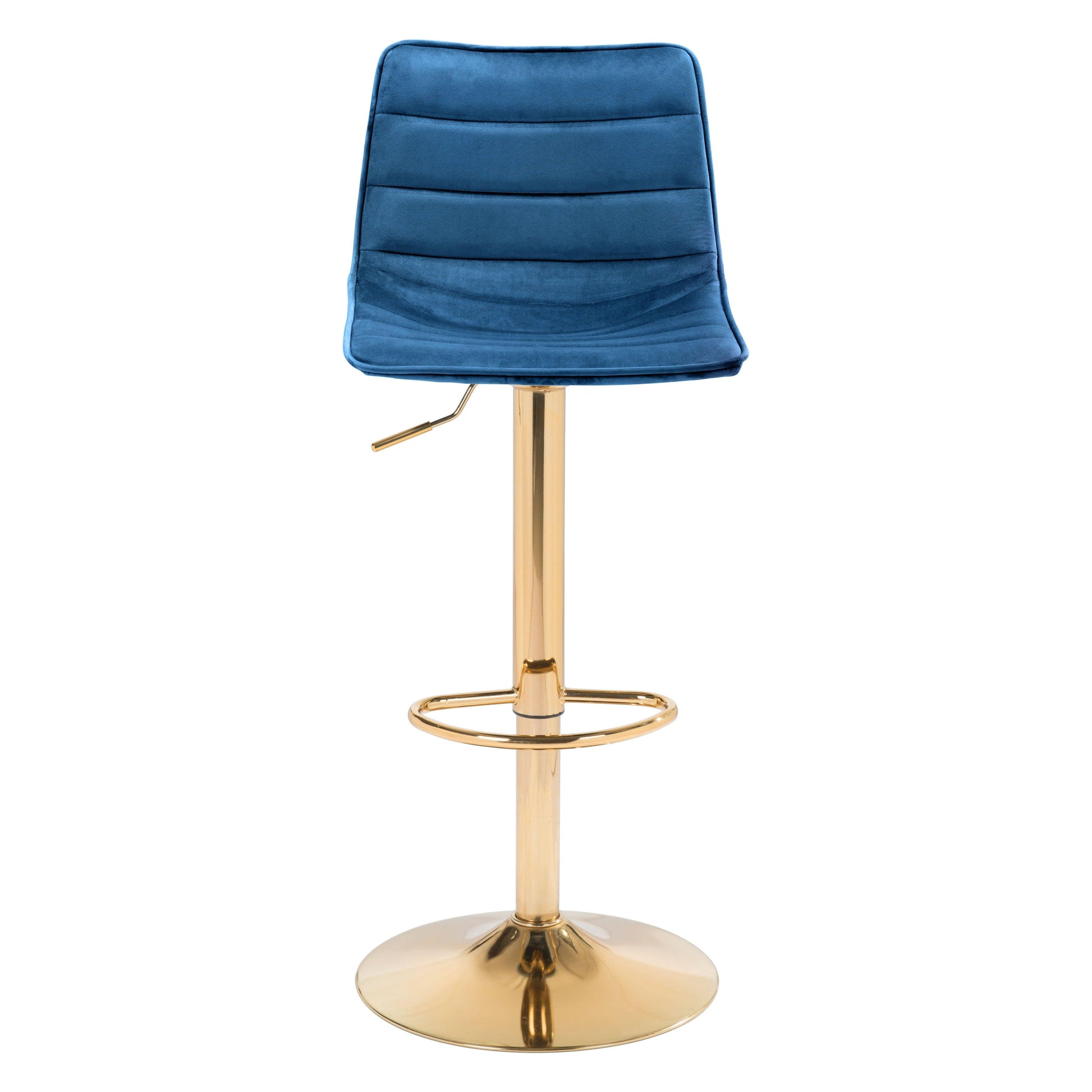 Prima Bar Chair Dark Blue & Gold - Sideboards and Things Accents_Gold, Back Type_With Back, Brand_Zuo Modern, Color_Blue, Color_Gold, Depth_10-20, Features_Adjustable Height, Finish_Polished, Height_30-40, Materials_Metal, Metal Type_Steel, Product Type_Bar Height, Upholstery Type_Fabric Blend, Upholstery Type_Polyester, Width_10-20