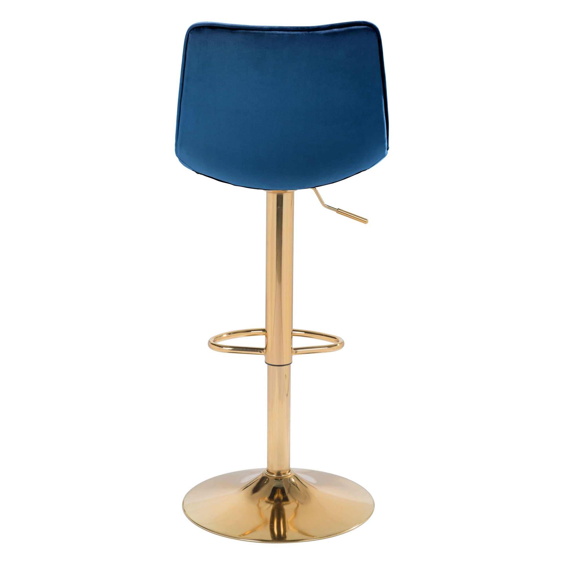 Prima Bar Chair Dark Blue & Gold - Sideboards and Things Accents_Gold, Back Type_With Back, Brand_Zuo Modern, Color_Blue, Color_Gold, Depth_10-20, Features_Adjustable Height, Finish_Polished, Height_30-40, Materials_Metal, Metal Type_Steel, Product Type_Bar Height, Upholstery Type_Fabric Blend, Upholstery Type_Polyester, Width_10-20