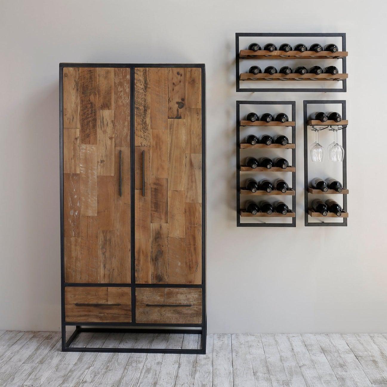 Reclaimed Wood Rustic 12 Bottles Wine Rack With Glass Holder Wall Shelf Mix and Match - Sideboards and Things Brand_LH Imports, Features_Repurposed Materials, Finish_Natural, Finish_Rustic, Game Room, Materials_Reclaimed Wood, Materials_Wood, Product Type_Bar Cart