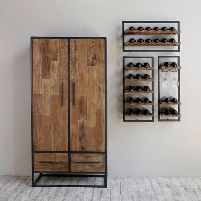 Reclaimed Wood Rustic 15 Bottles Wine Rack With Glass Holder Wall Shelf Mix and Match - Sideboards and Things Brand_LH Imports, Features_Repurposed Materials, Finish_Natural, Finish_Rustic, Game Room, Materials_Reclaimed Wood, Materials_Wood, Product Type_Bar Cart