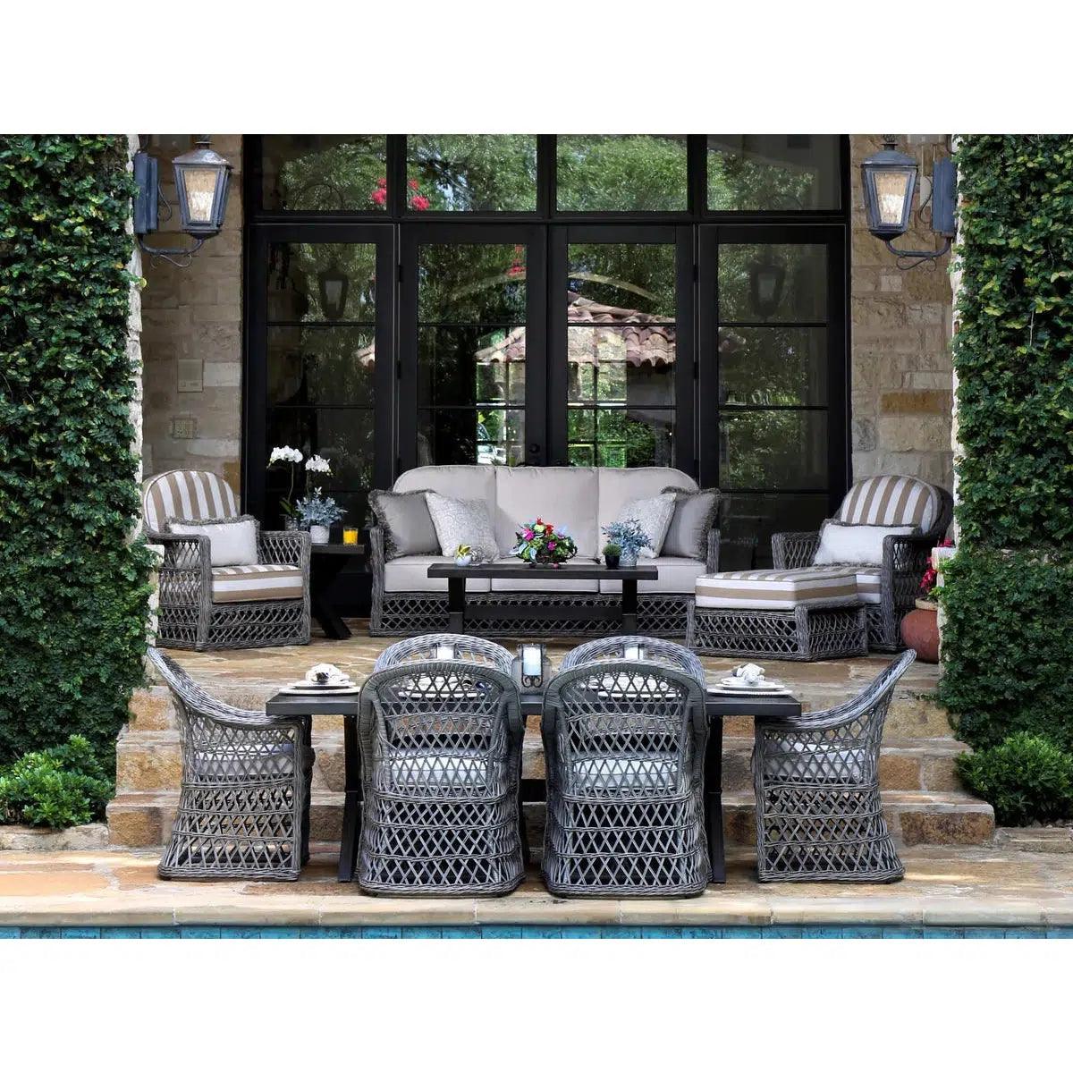Rectangular 7PC Outdoor Dining Set Wicker Armchairs - Sideboards and Things Brand_America's Backyards, Color_Black, Features_Indoor/Outdoor Use, Metal Type_Aluminum, Number of Pieces_7PC Set, Product Type_Dining Height, Product Type_Outdoor Dining Set, Product Type_Table/Nook Set, Seating Capacity_6, Shape_Rectangular, Table Base_Metal, Table Top_Metal